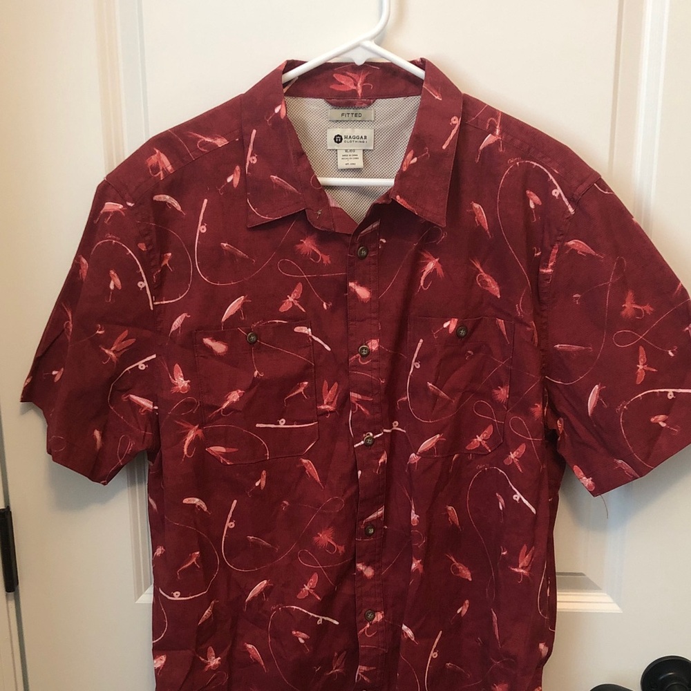 Haggar Clothing Adult XL Button Up Short Sleeve Fly Fishing Design Shirt